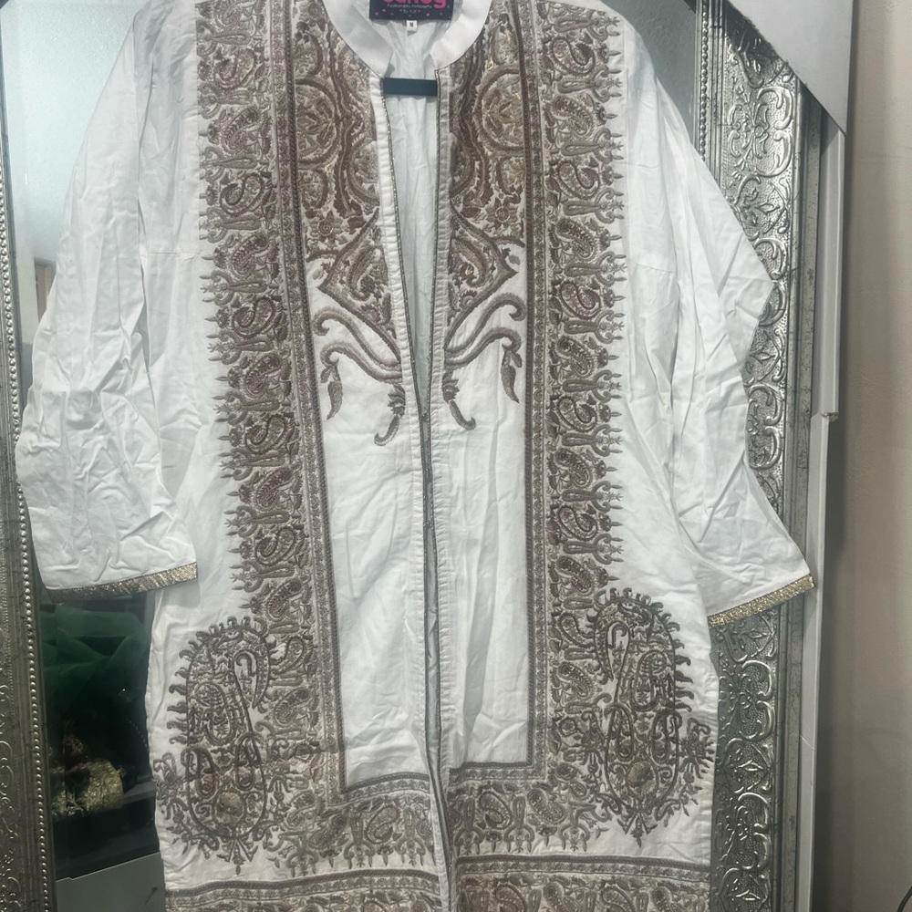 Pakistani Indian Desi outfit White and Brown Embroidered Women's Coat Kurta